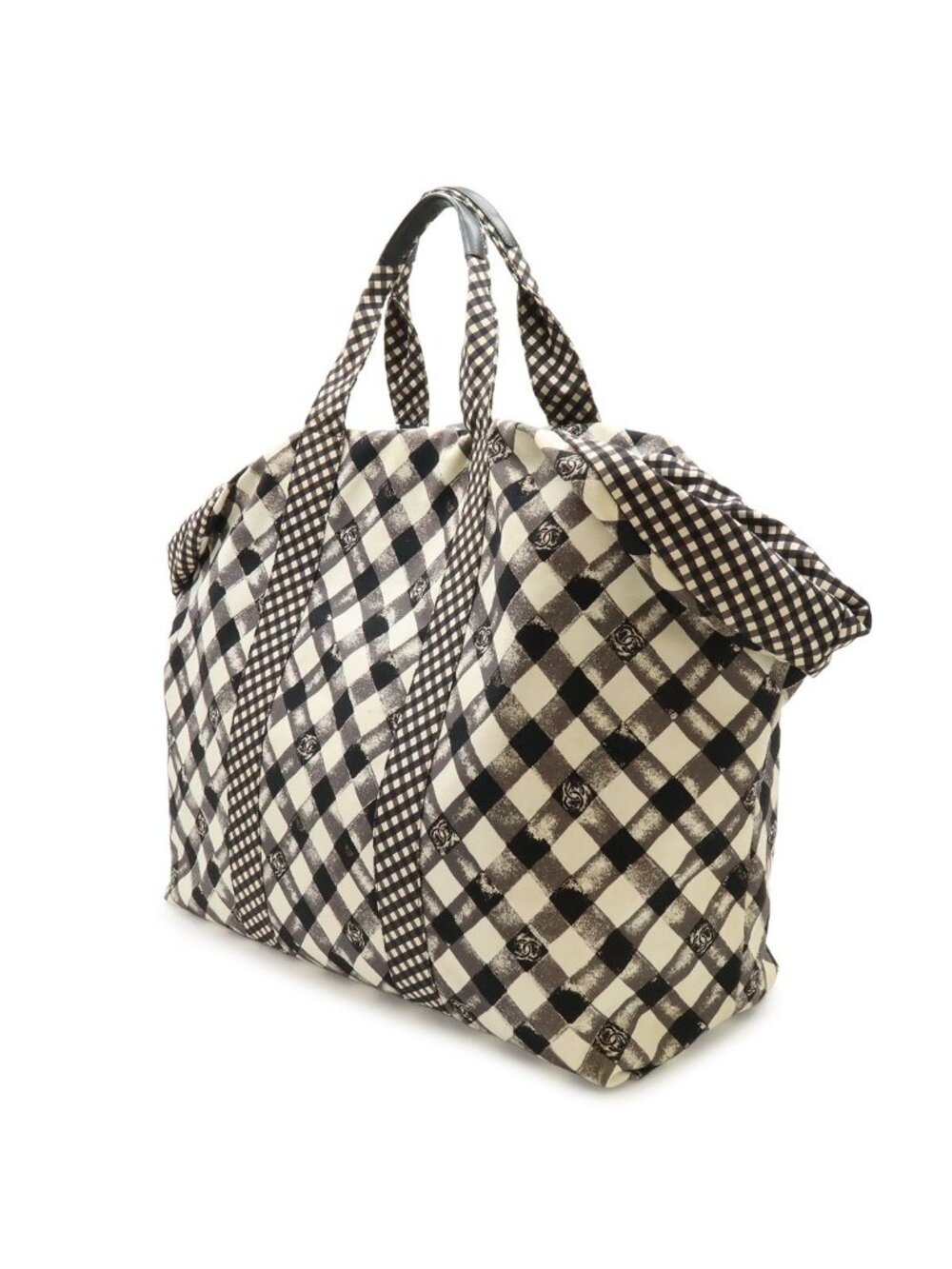 Chanel CC Logo Gingham Check Tote Big Canvas Black White Cruise Collection - Picture 2 of 9